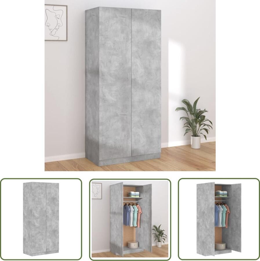 The Living Store Kledingkast Betongrijs Bewerkt Hout 90x52x200 cm Met 2 Deuren Hangstang Kledingkast Kast Bergruimte Houten Kast Grijze Kast - Foto 2