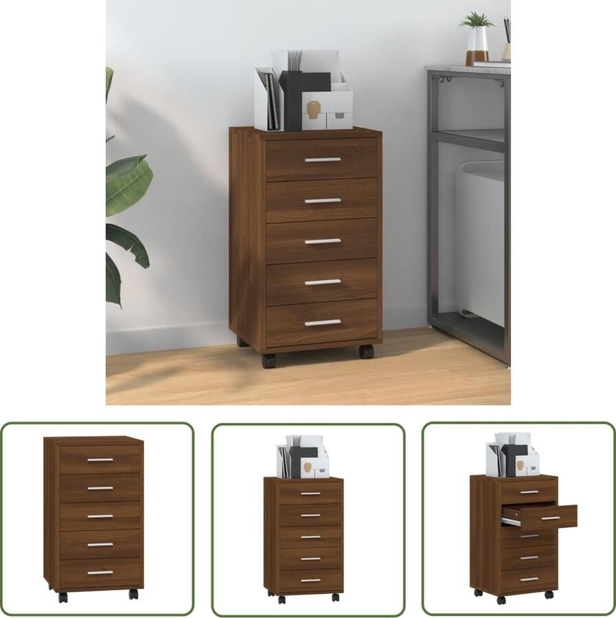 The Living Store Ladekast met wieltjes bewerkt hout bruineiken Ladeblok Kast Opbergkast Bureaublad Accessoires Houten Meubels - Foto 2