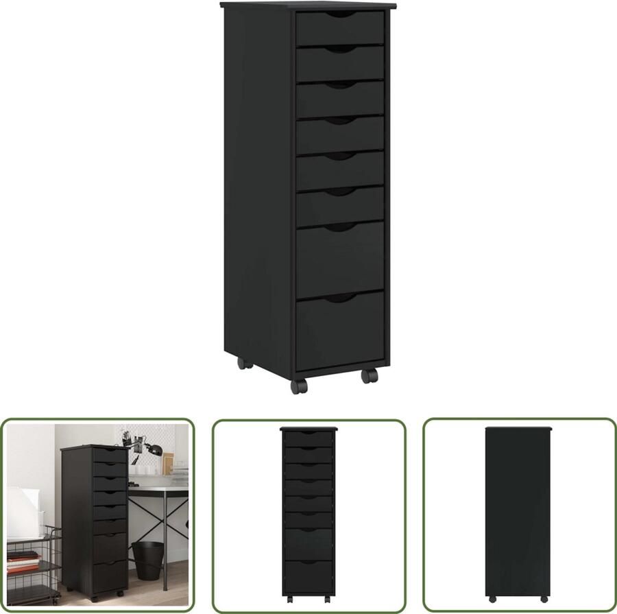 The Living Store Ladekast MOSS verrijdbaar massief grenenhout zwart Ladekast Kast Opslagkast Houten Kast Grenenhouten Kast