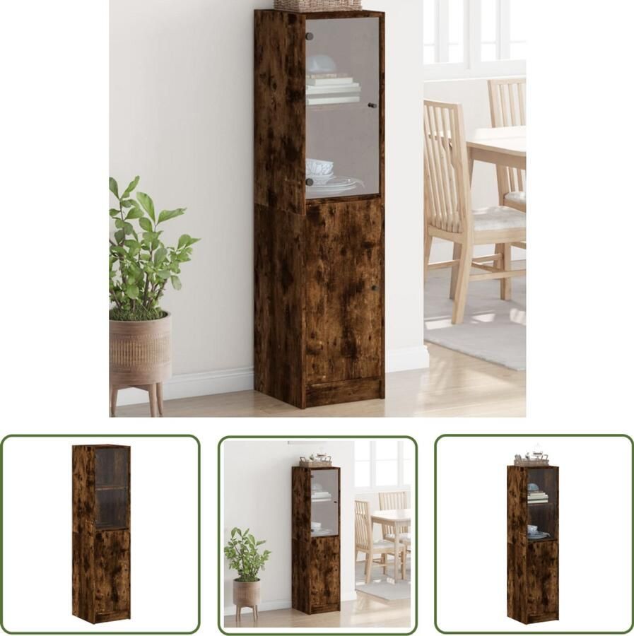 The Living Store Hoge kast met glazen deur 35x37x142 cm gerookt eikenkleurig Hoge Kast Houten Kast Opbergkast Vitrinekast Kast Met Glazen Deur