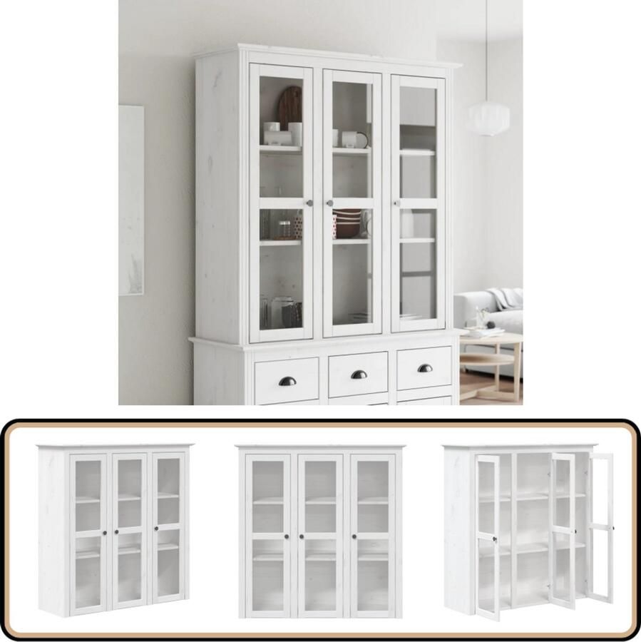 VidaXL Kast BODO Wit Massief Grenenhout 115 cm Vitrinekast Houten Kast Grenoble Kast Vintage Kast Opslagoplossing