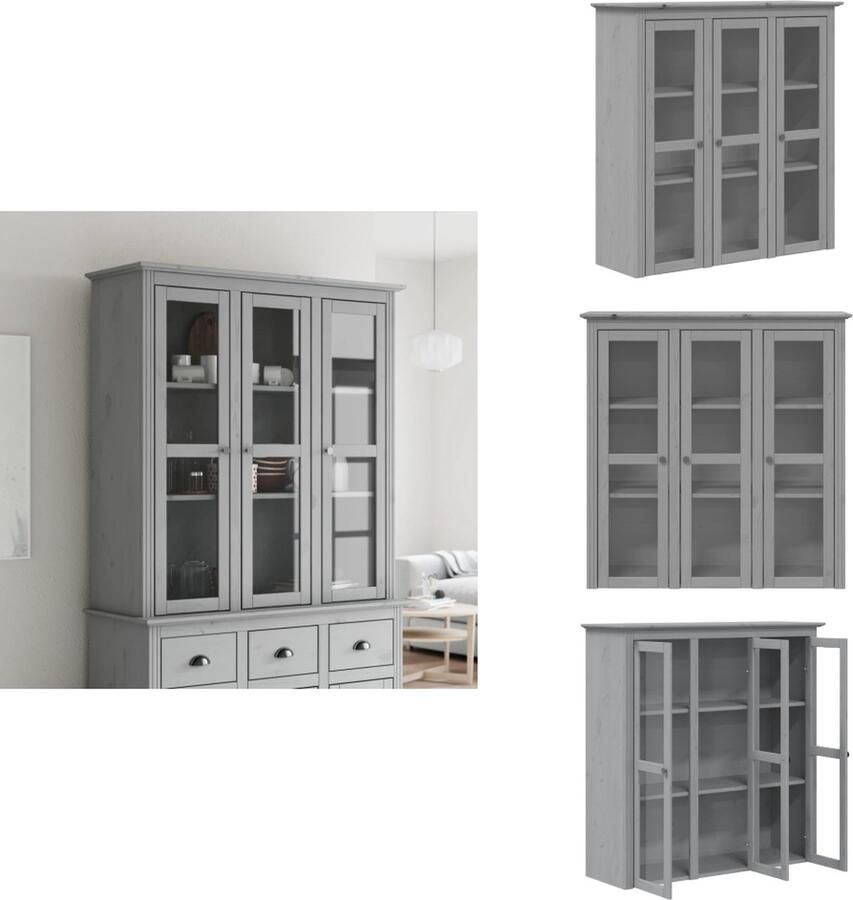 VidaXL Kast Met Glazen Deuren Kasten Met Glazen Deuren Welsh Dressoir Bovenstuk Vitrinekast Kast met glazen deuren BODO massief grenenhout grijs