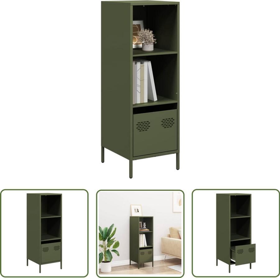 The Living Store Hoge kast 35x39x103 5 cm staal olijfgroen Hoge Kast Metalen Kast Opbergkast Boekenkast Entree Kast