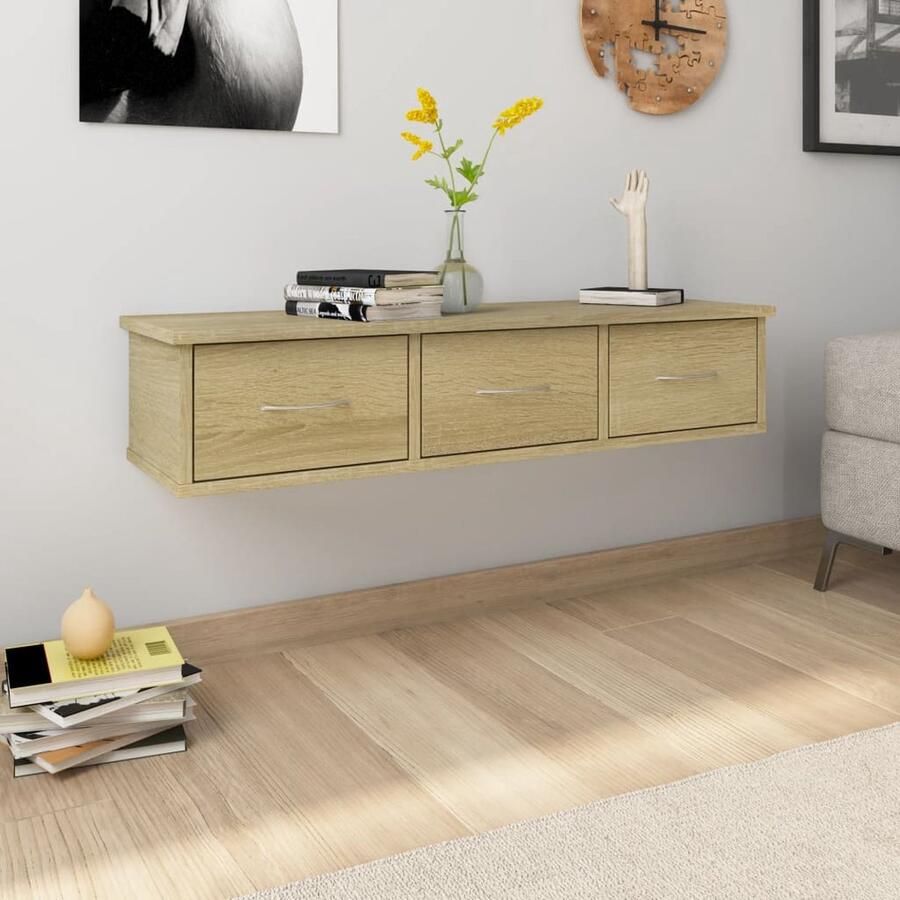 The Living Store Wandschap met lades 88x26x18 5 cm bewerkt hout sonoma eiken Wandkast Ladenkast Salontafel Bijzettafel Badkamer Kast