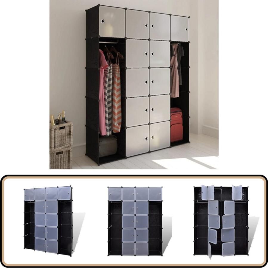 VidaXL Kast modulair 14 vakken Zwart en wit Modulaire Kast Opslagkast Kastje Garderobe Kledingkast Interieurdecoratie Zwarte Kast Witte Kast Plastic Kast