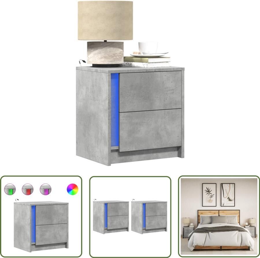 VidaXL Kast Nachtkast Nachtkastjes met LED-verlichting 2 st bewerkt hout betongrijs Led Lamp Houten Kast Betonnen Grijs