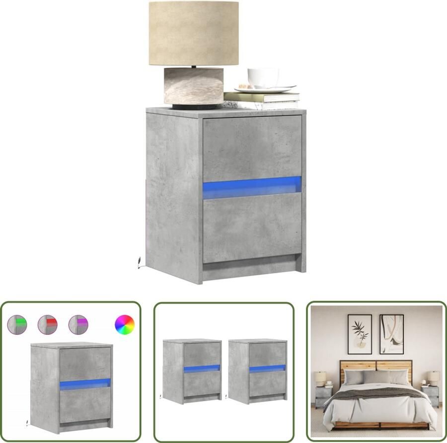 VidaXL Nachtkastjes met LED-verlichting 2 st bewerkt hout betongrijs Nachtkast Kast Led Verlichting Houten Nachtlamp Betonnen Grijs