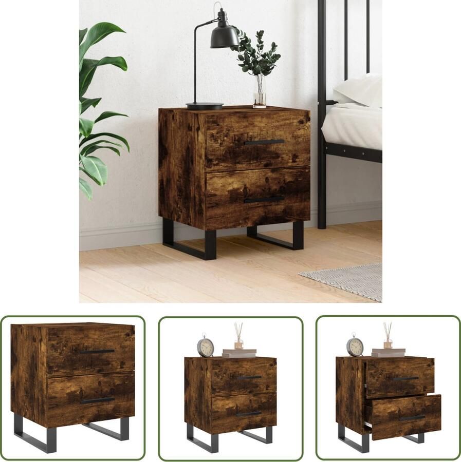 The Living Store Nachtkastje Gerookt Eiken 40 x 35 x 47.5 cm Duurzaam Veel opbergruimte Displayfunctie Metalen voeten Nachtkastje Kast Houten Meubilair Bruine Meubels Slaapkamermeubel - Foto 2