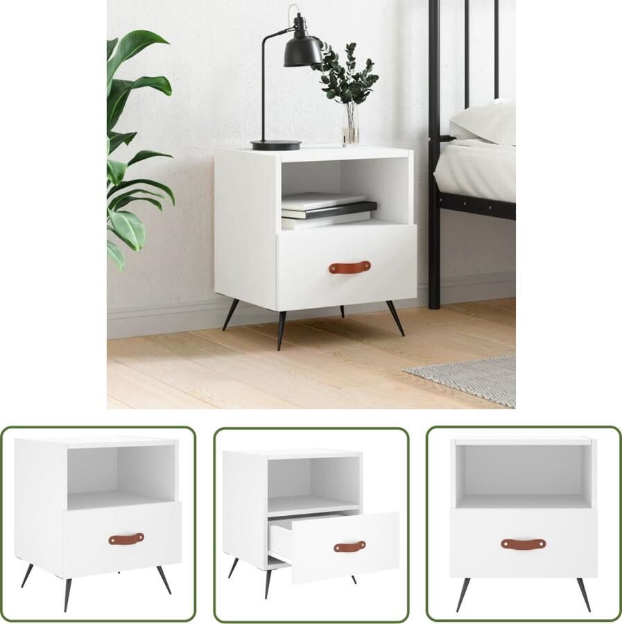 The Living Store Nachtkastje Wit Hout IJzer PU-kunstleer 40x35x47.5cm Nachtkastje Kast Slaapkamermeubel Houten Meubilair Witte Meubel - Foto 2