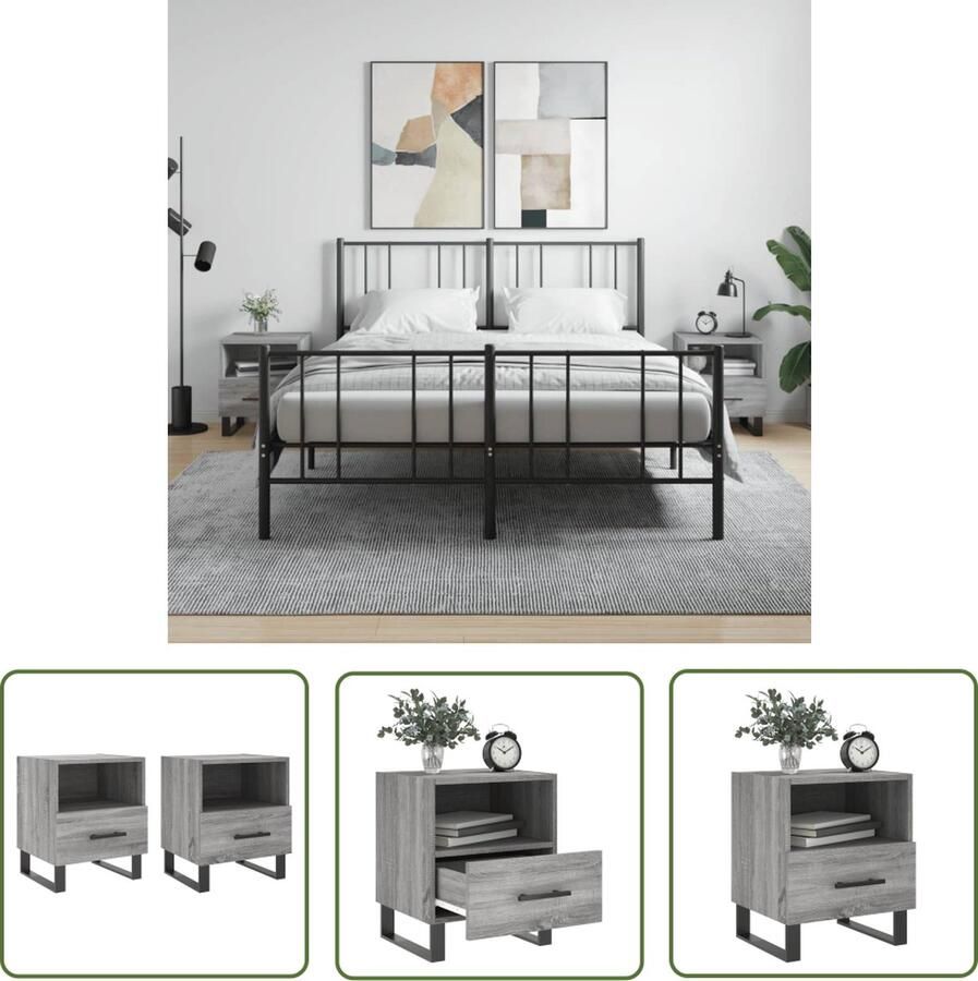 The Living Store Nachtkastje Modern Charme Meubels Afmeting- 40x35x47.5cm Ken- Grijs Sonoma Eiken Materiaal- Bewerkt hout en ijzer Inclusief- 2x nachtkastje Kast Meubilair Slaapkamerinrichting Modern Design - Foto 2
