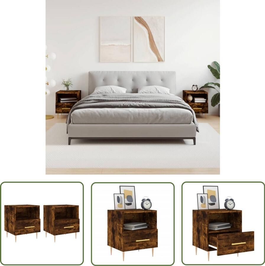 The Living Store Nachtkastjes Gerookt Eiken 40x35x47.5cm Duurzaam bewerkt hout Veel opbergruimte Metalen voeten Set van 2 Nachtkastjes Kast Meubilair Slaapkamermeubel Bruine Kast - Foto 2