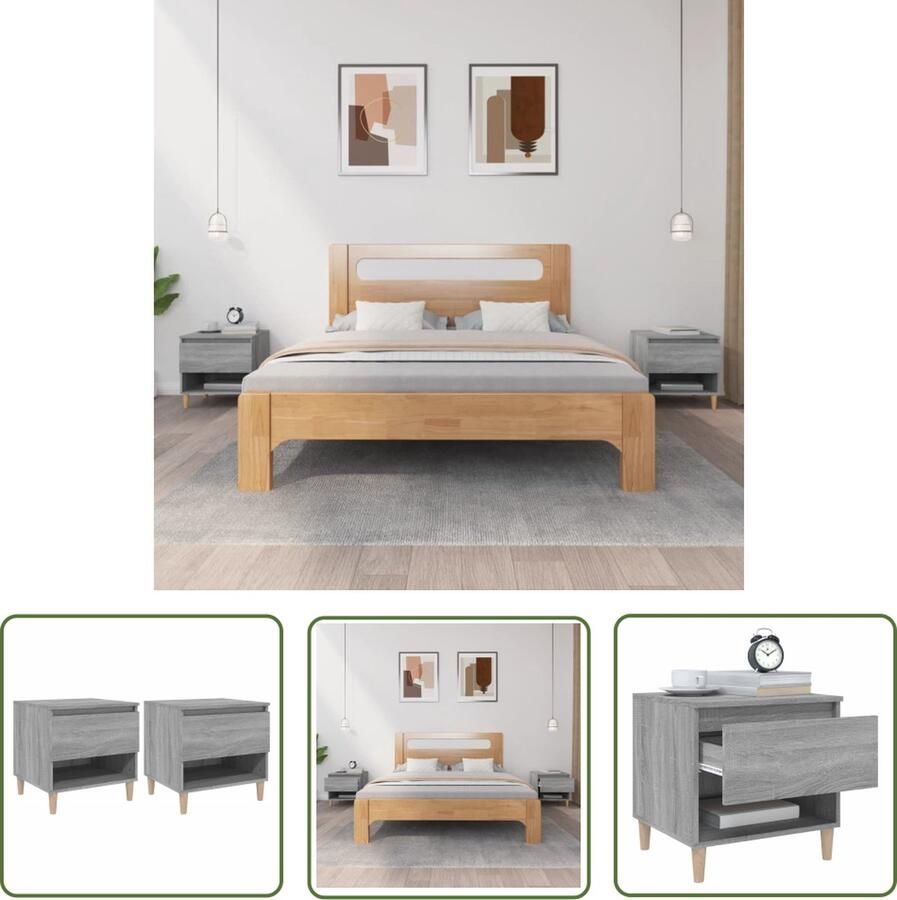 The Living Store Nachtkastjes Grijs Sonoma Eiken Set van 2 50 x 46 x 50 cm Bewerkt hout en massief eucalyptushout Nachtkastjes Kast Slaapkamers Houten Meubilair Grijze Meubels - Foto 3