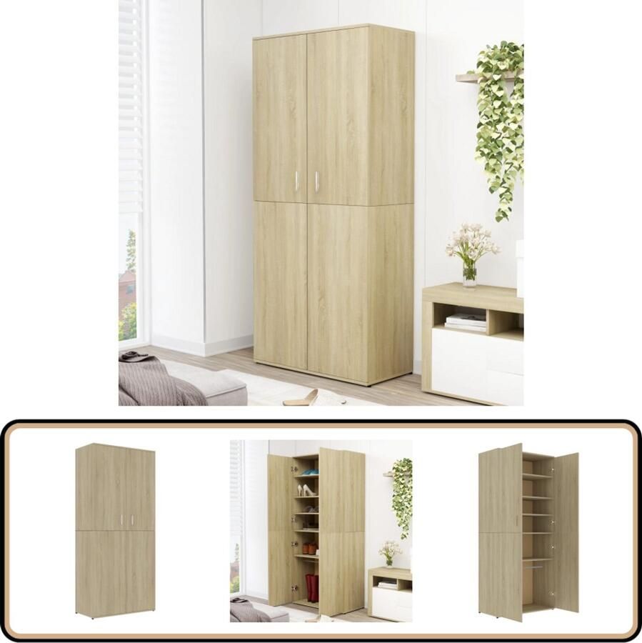 VidaXL Kast Sonoma Eiken 80x39x178 cm 2 deuren Schoenenkast Houten Schoenenkast Schoenen Rek Sonomakleurige Schoenenkast Entree Kast