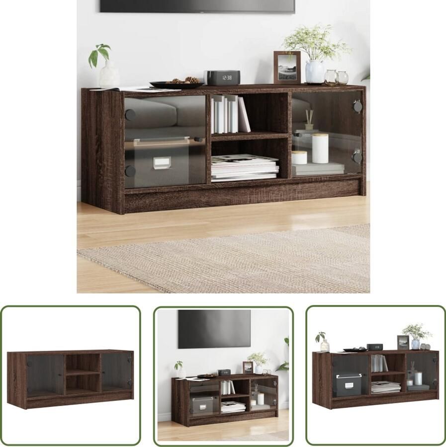 The Living Store Tv-meubel met glazen deuren 102x37x42 cm bruin eikenkleur Tv-meubel Klassieke Tv Kast Houten Tv Stand Bruine Eiken Kleur Mediacaft