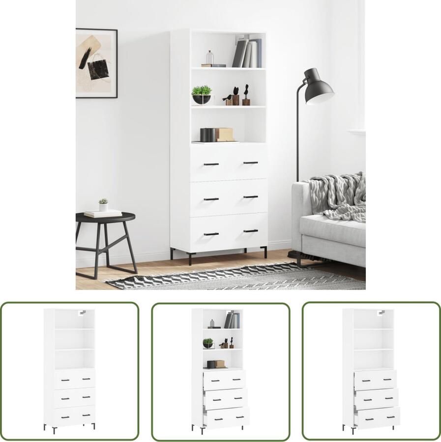 The Living Store Hoge kast 69 5x34x180 cm bewerkt hout wit Hoge Kast Houten Kast Wit Kast Opslagoplossing