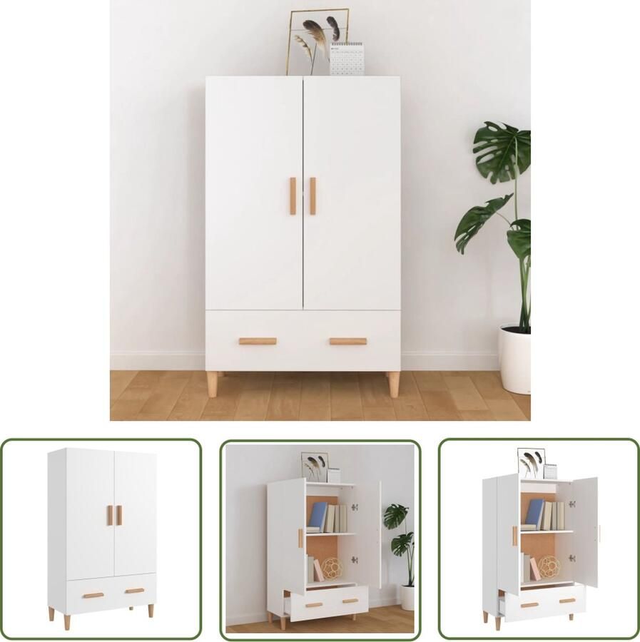 The Living Store Hoge kast 70x31x115 cm bewerkt hout wit Hoge Kast Wit Houtsoort Bergruimte Woonkamermeubilair