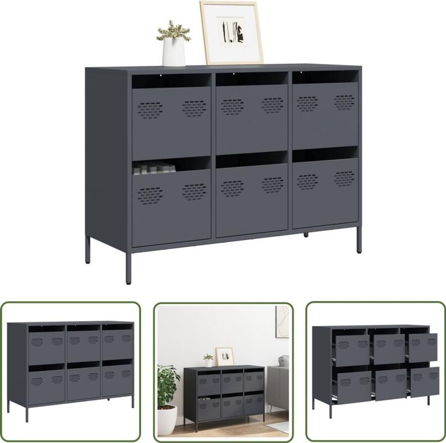 The Living Store Dressoir 101 5x39x73 5 cm koudgewalst staal antracietkleurig Dressoir Tv-meubel Salontafel Bergruimte Metaaldraad