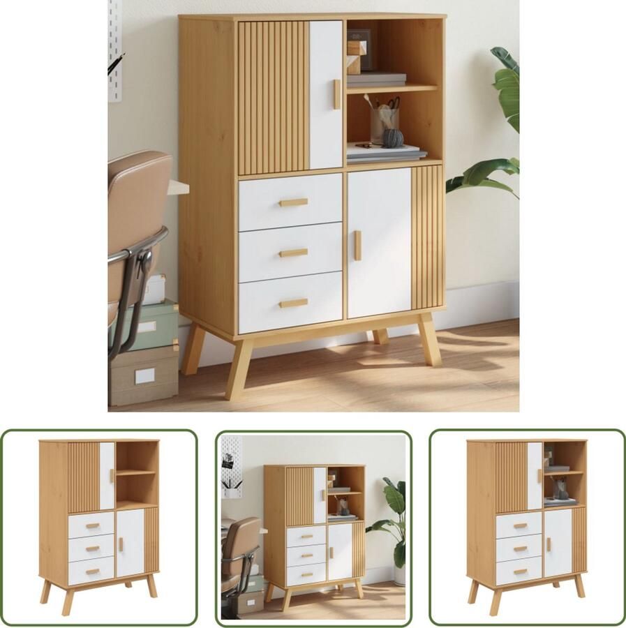 VidaXL Kasten Hoge Kast Hoge kast OLDEN 85x43x125 cm massief grenenhout wit en bruin Grenenhouten Kast Vintage Kast Opslagoplossing