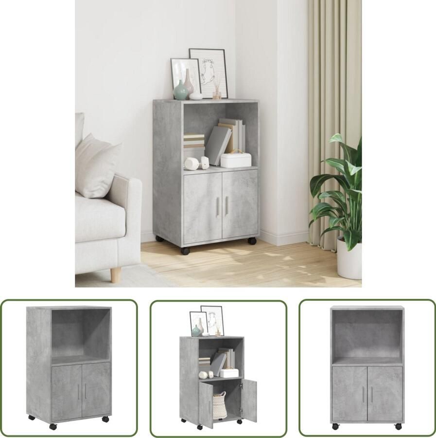 The Living Store Rolkast 55x40x91 cm bewerkt hout betongrijs Rolkast Houten Kast Opbergkast Kasten Set Multifunctioneel Meubel