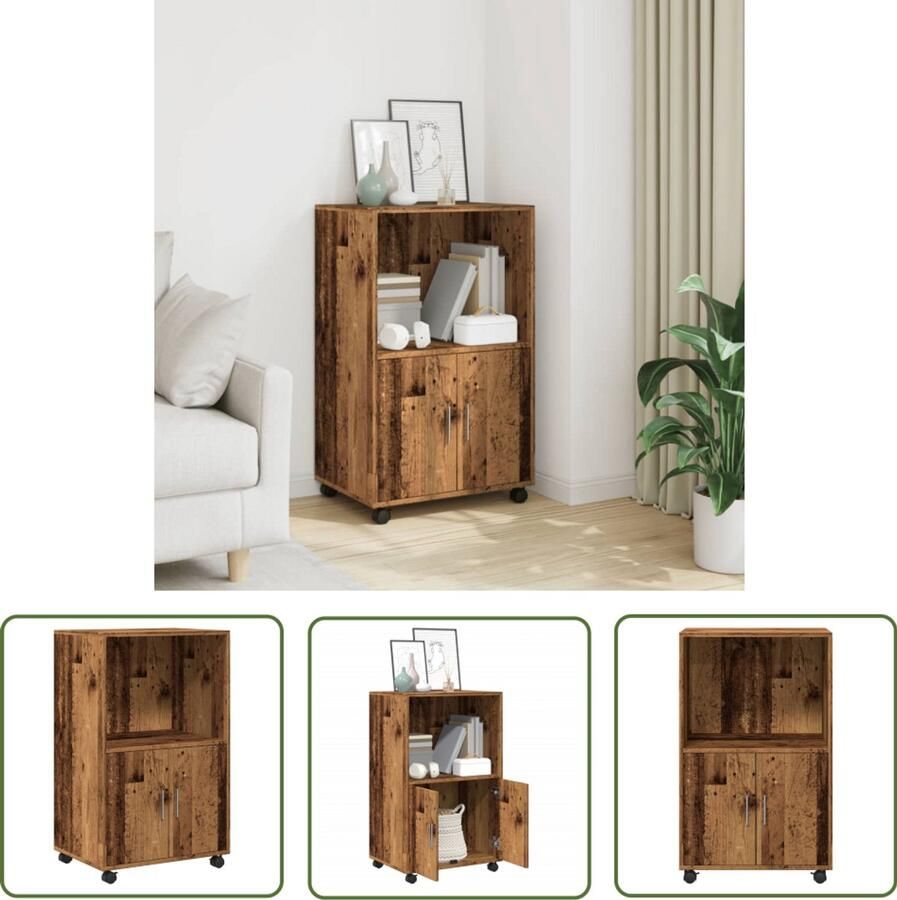 The Living Store Rolkast 55x40x91 cm bewerkt hout oud houtkleurig Rolkast Houten Kast Opslagoplossing Woonaccessoires Keukenkasten