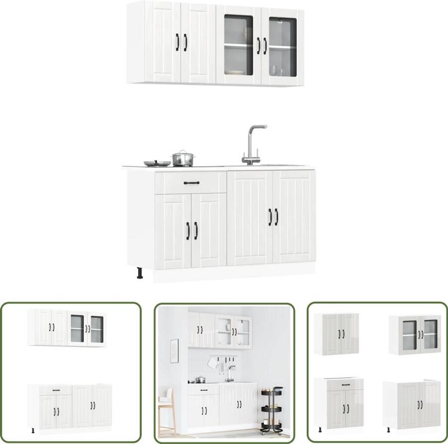 The Living Store 4-delige Keukenkastenset Kalmar bewerkt hout glanzend wit Keukenkasten Keukenopstelling Kookeiland Kastenserie Houten Keukenkasten