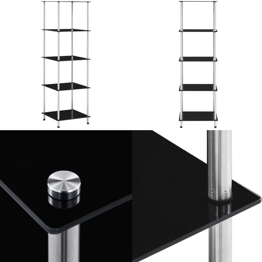 VidaXL Kastje 5-laags 40x40x130 cm gehard glas zwart Kastje Kastjes Boekenkast Boekenkasten