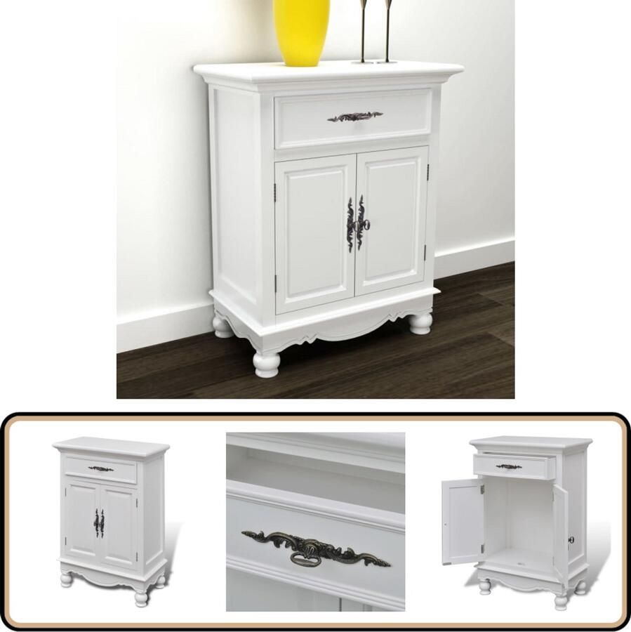 VidaXL Kastje Wit Hout 2 Deurtjes & 1 Lade Antiek Kastje Houten Kast Opslag Meubel Vintage Kast Salontafel
