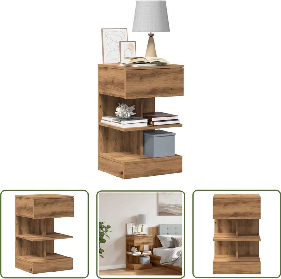 The Living Store Nachtkastje 40x35x65 cm bewerkt hout artisanaal eikenkleur Nachtaandrijftafel Kastje Dressoir Salontafel Houten Nachtlamp