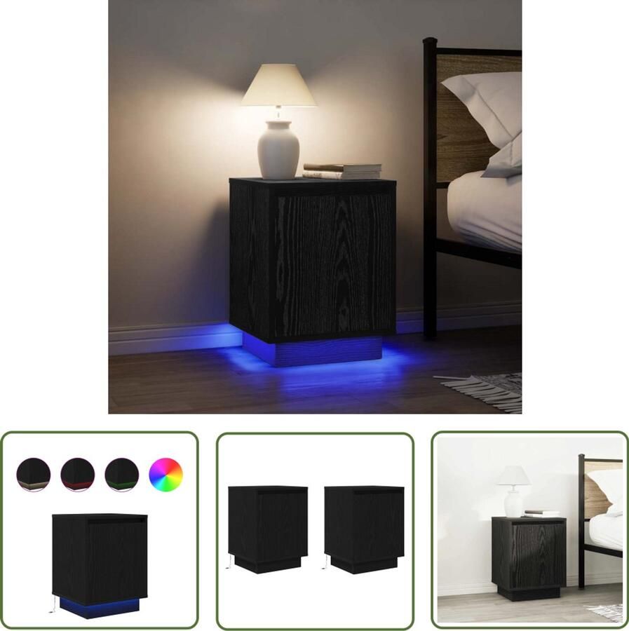 The Living Store Nachtkastjes met LED-verlichting 2 st 38x34x50 cm zwart Nachtkast Kastje Led Lamp Slaapkamersfeer Houten Meubilair