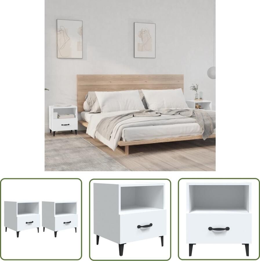 The Living Store Nachtkastjes Wit 40 x 35 x 47.5 cm Bewerkt hout en metaal Nachtkaste Kastje Bijzettafel Houten Meubilair Slaapkamersmeubel - Foto 2