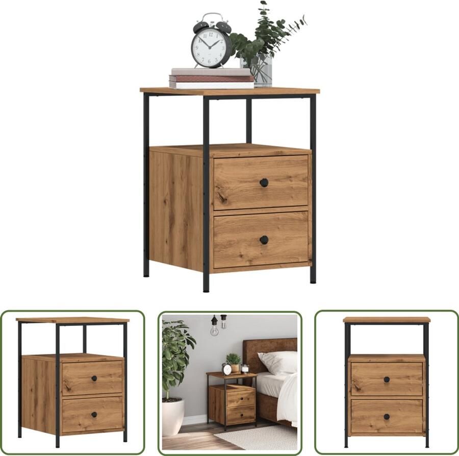 The Living Store Nachtkastje 34x35 5x50 cm bewerkt hout artisanaal eikenkleurig Nachtkastje Kastje Slaapkamer Houten Meubilair Eiken Kleur