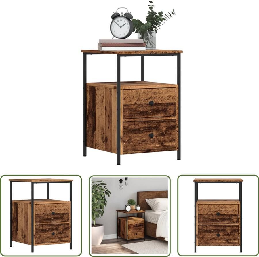The Living Store Nachtkastje 34x35 5x50 cm bewerkt hout oud houtkleurig Nachtkastje Kastje Houten Nachtkastje Slaapkamerrkast Opbergvakken