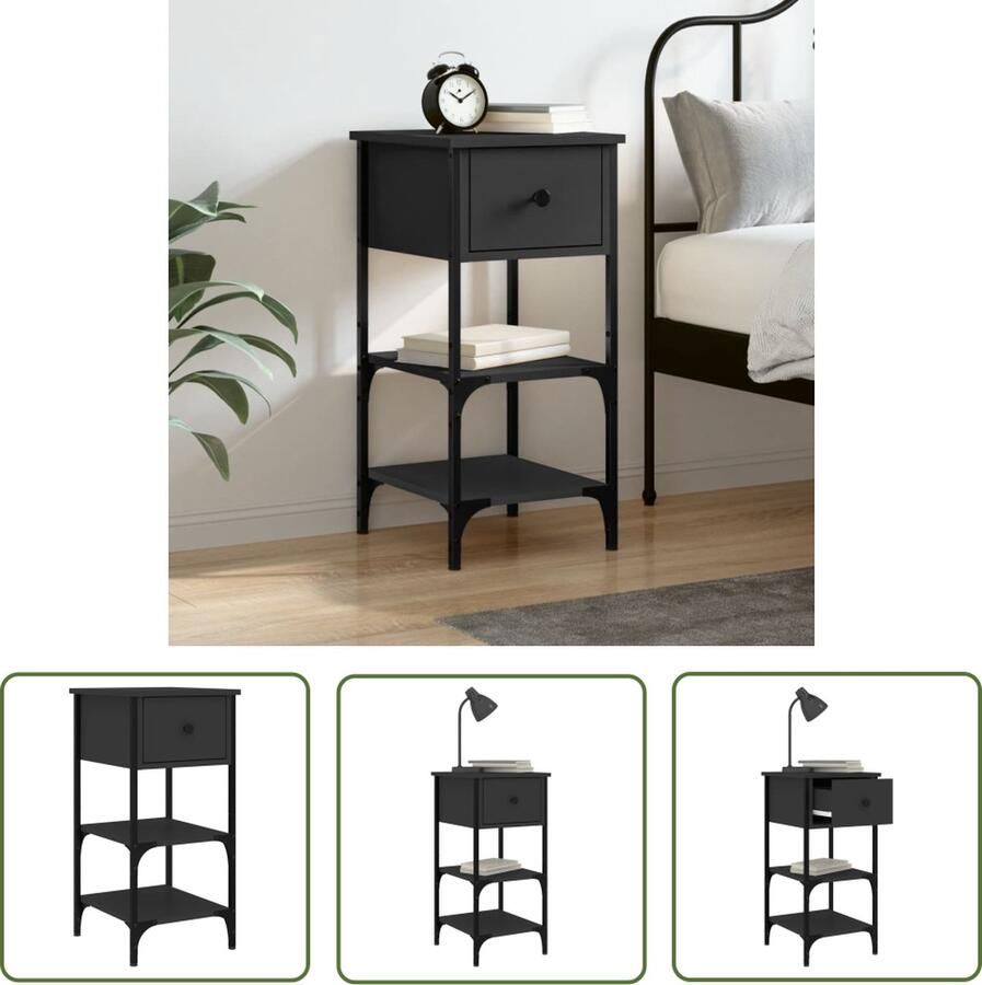 The Living Store Nachtkastje Zwart 34 x 36 x 70 cm Trendy ontwerp met duurzaam hout en ijzeren frame Nachtkastje Kastje Slaapkamersdecoratie Houten Meubel Zwart Meubel - Foto 2