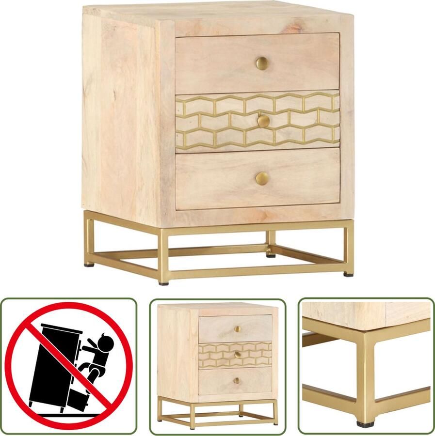The Living Store Nachtkastje Decoratieve Goudkleurige Massief Mangohout Retro Stijl 40x30x50cm met 3 Lades Nachtkastje Kastje Salontafel Vintage Retro - Foto 2