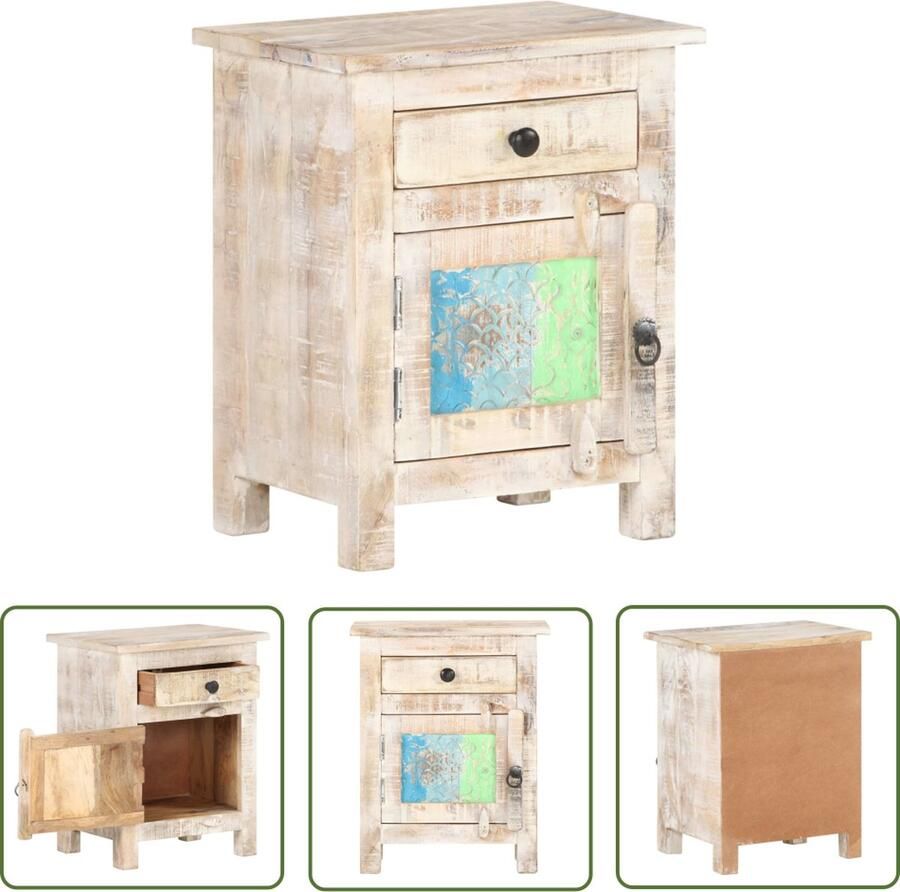 The Living Store Nachtkastje Ruw acaciahout 40 x 30 x 50 cm Met gesneden bloemontwerp deur Nachtkastje Kastje Acacia Bruine Kleur Slaapkamermeubel