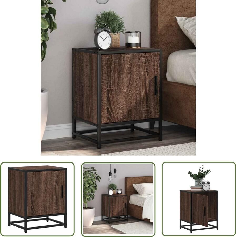 The Living Store Nachtkastje 40x31x50 cm bewerkt hout en metaal bruin eikenkleur Nachtkastje Kastje Slaapkamervloer Houten Meubilair Bruine Eiken Kleur