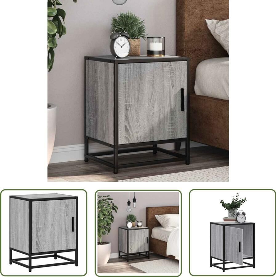 The Living Store Nachtkastje 40x31x50 cm bewerkt hout&metaal grijs sonoma eiken Nachtkastje Kastje Slaapkamer Houten Kast Metalen Kast