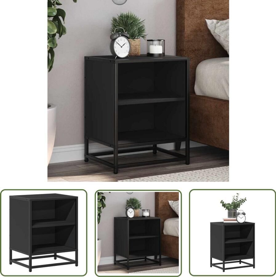 The Living Store Nachtkastje 40x31x50 cm bewerkt hout en metaal zwart Nachtkastje Kastje Slaapkamer Houten Kast Metaalkast