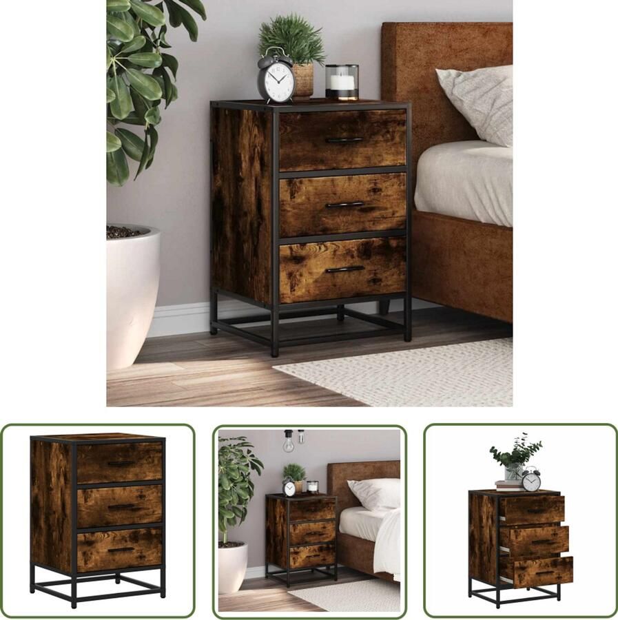 The Living Store Nachtkastje 40x34 5x60 cm bewerkt hout en metaal gerookt eiken Nachtkastje Kastje Slaapkamer Houten Kast Designkast