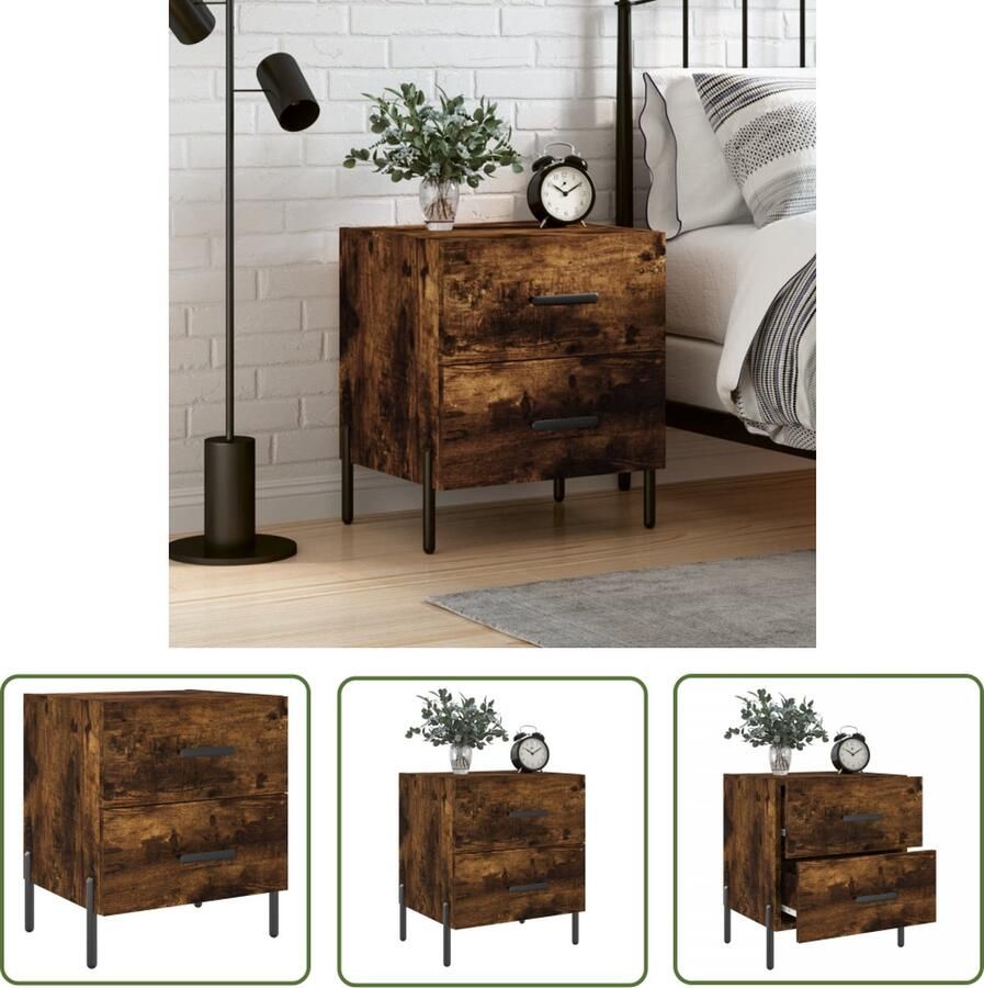 The Living Store Nachtkastje Gerookt eiken 40 x 35 x 47.5 cm Met lades en displayfunctie Nachtkastje Kastje Meubilair Slaapkamermeubilair Houten Nachtkastje - Foto 4
