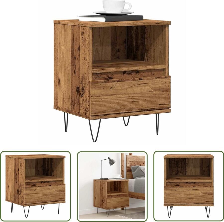 The Living Store Nachtkastje 40x35x50 cm bewerkt hout oud houtkleurig Nachtkastje Kastje Houten Nachtlamp Vintage Meubel Kamerdecoratie