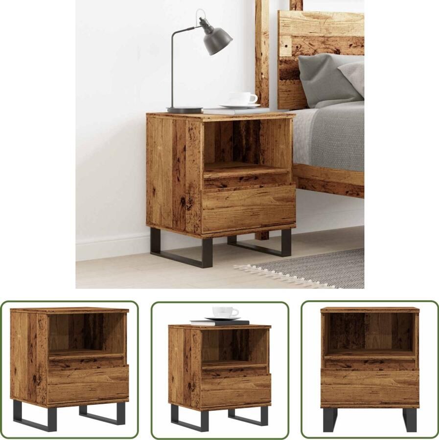 The Living Store Nachtkastje 40x35x50 cm bewerkt hout oud houtkleurig Nachtkastje Kastje Houten Nachtstand Slaapkamervloerlamp Bureau Lamp