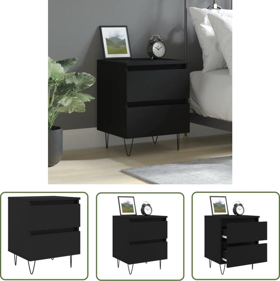 The Living Store Nachtkastje Zwart 40 x 35 x 50 cm Duurzaam bewerkt hout 2 lades Stabiel blad Nachtkastje Kastje Slaapkamervloerisdecoratie Houten Nachtkastje Black Furniture - Foto 3