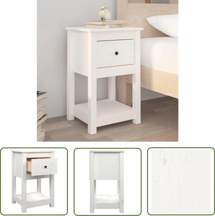 The Living Store Nachtkastje Massief Grenenhout Wit 40 x 35 x 61.5 cm Opbergruimte Stabiel Blad Nachtkastje Kastje Houten Kast Grenenhouten Kast Wit Nachtlampje - Foto 2