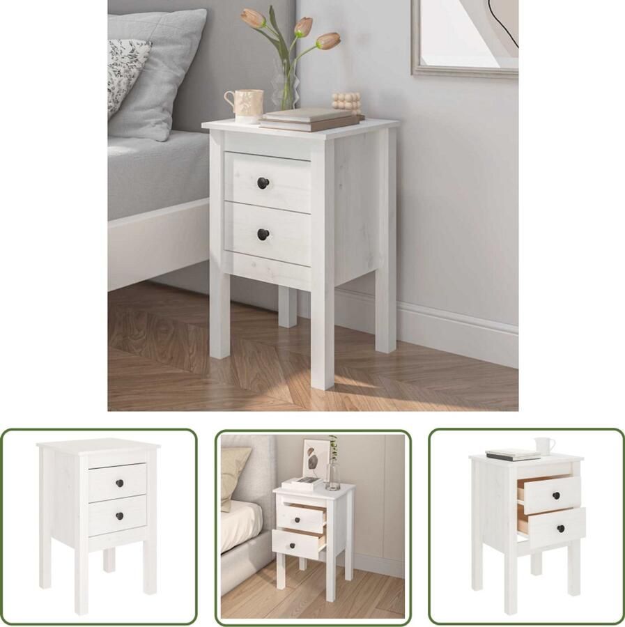 The Living Store Nachtkastje Massief grenenhout 40 x 35 x 61.5 cm Wit Nachtkastje Kastje Slaapkamer Meubilair Grenenhouten Meubel Witte Meubels - Foto 2