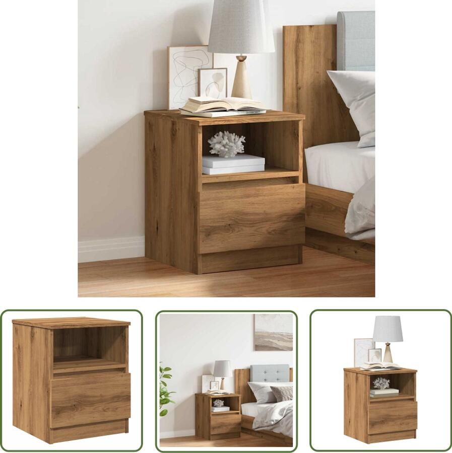 The Living Store Nachtkastje 40x40x50 cm bewerkt hout artisanaal eikenkleur Nachtkastje Kastje Salontafel Houten Meubel Eiken Kleur