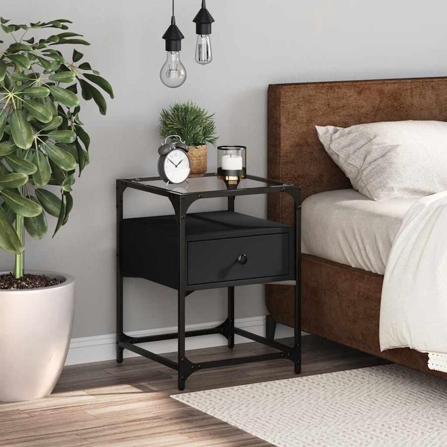 The Living Store Nachtkastje 40x40x55 cm bewerkt hout zwart Nachtkastje Kastje Zwarte Nachttafel Houten Nachtkast Modern Nachtkastje