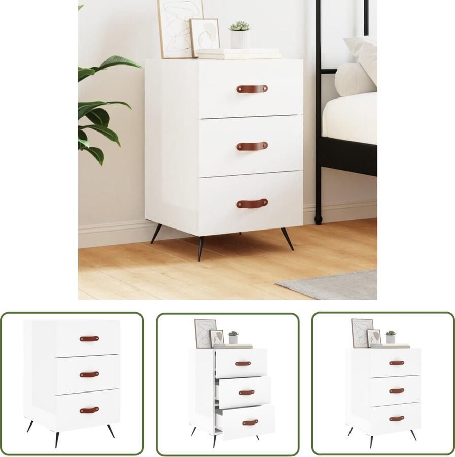 The Living Store Nachtkastje Hoogglans wit 40 x 40 x 66 cm Duurzaam hout Met opberglades Displayfunctie Metalen voeten Nachtkastje Kastje Slaapkamermeubel Houten Nachttafel Modern Design - Foto 2