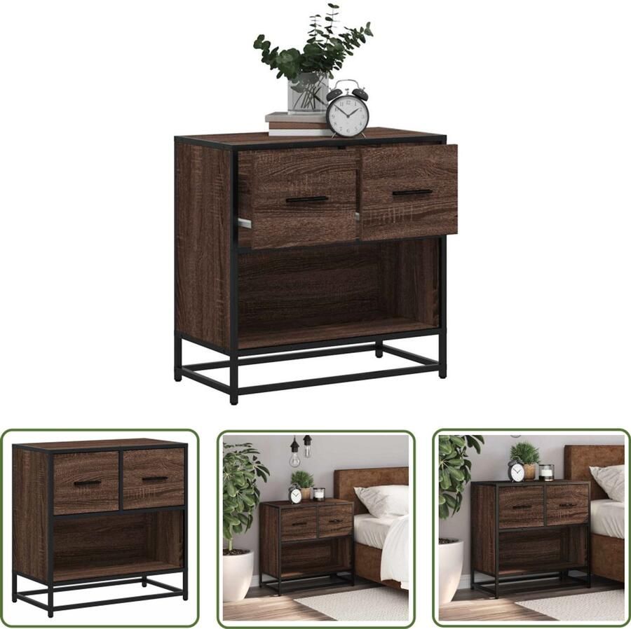 The Living Store Nachtkastje 60x31x60 cm bewerkt hout en metaal bruin eikenkleur Nachtkastje Kastje Slaapkamer Houten Kast Bureaukast