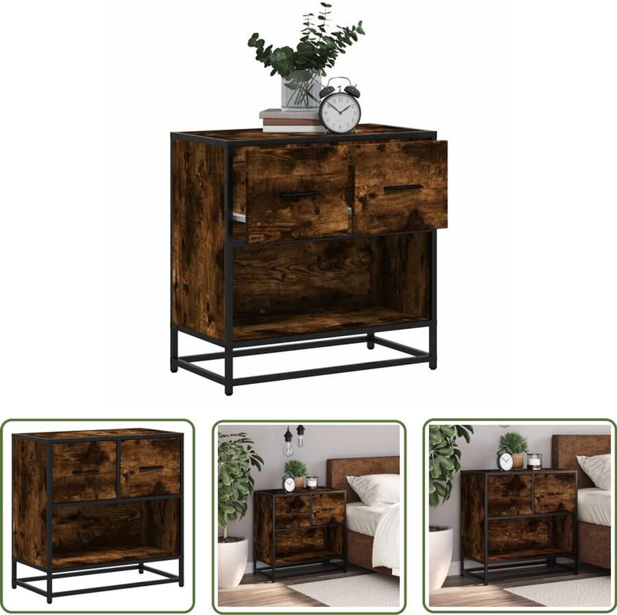 The Living Store Nachtkastje 60x31x60 cm bewerkt hout en metaal gerookt eiken Nachtkastje Kastje Slaapkamer Houten Kast Nachtlamp